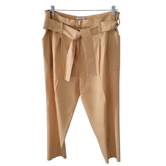 Calvin Klein Women's Tan Belted High Waist Pleated Linen Blend Pants Sz 12 - Picture 5 of 11